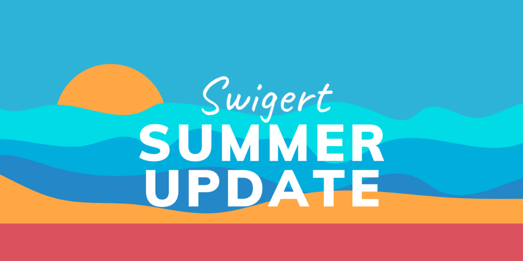 Swigert Summer Update graphic featuring a sun rising over stylized waves and vibrant colors, conveying a seasonal theme.