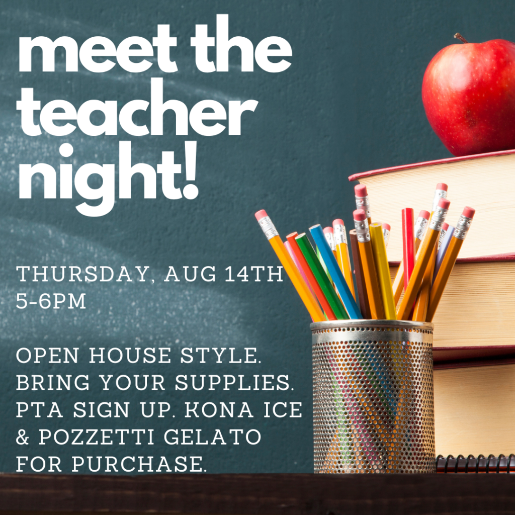 A colorful assortment of pencils in a cup beside stacked books and an apple, promoting Meet the Teacher Night details.
